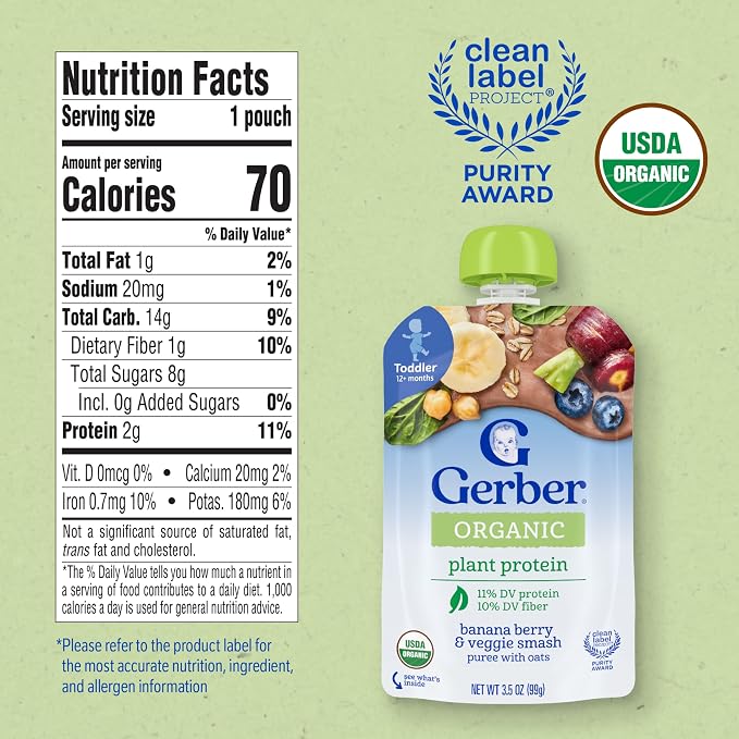 Gerber Toddler Food, Organic Banana Berry and Veggie Smash Puree Pouch - Image 2