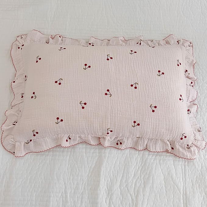 BuLuTu Cotton Muslin Kids Toddler Pillowcase Cherry Pattern, Soft Travel Pillow - Image 3