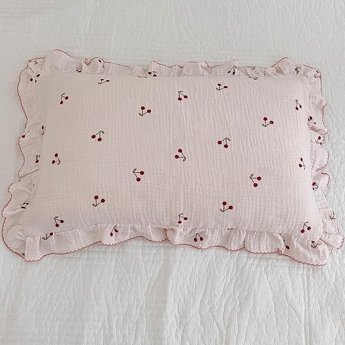BuLuTu Cotton Muslin Ruffle Edge Kids Toddler Pillowcase Standard, Cherry - Image 3