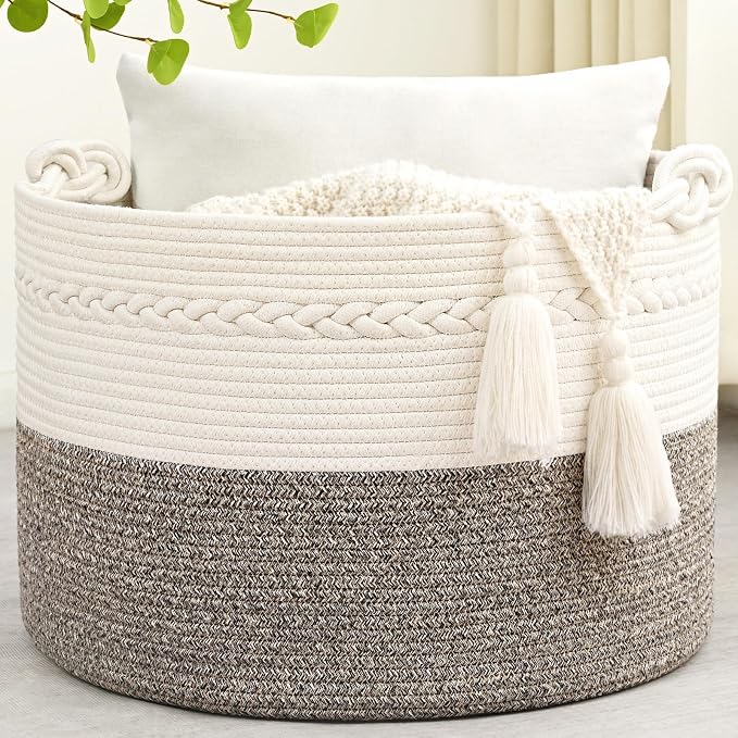 67L Large Blanket Basket, Cotton Rope Blanket Basket Living Room, Baby Laundry by Degeyoyo
