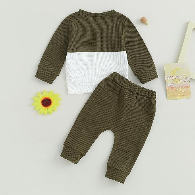 Toddler Baby Boy Fall Clothes Waffle Outfit Long Sleeve Color Blocking - Image 7