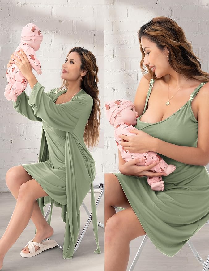 SUNNYBUY Women's Nursing Nightgown Maternity Robe Set, 3 in 1 Labor Delivery - Image 2