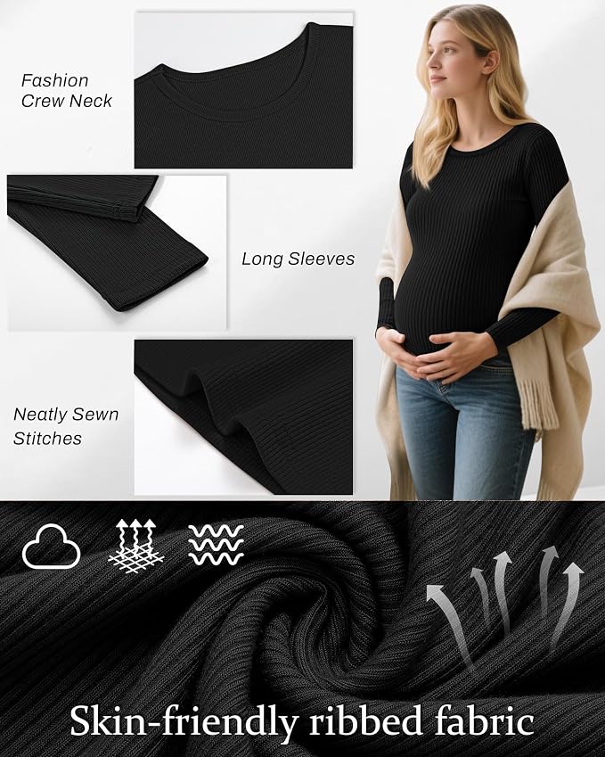 Riyiper 3 Pack Women's Maternity Shirts Long Sleeve Ribbed Knit Pregnancy Tees - Image 3