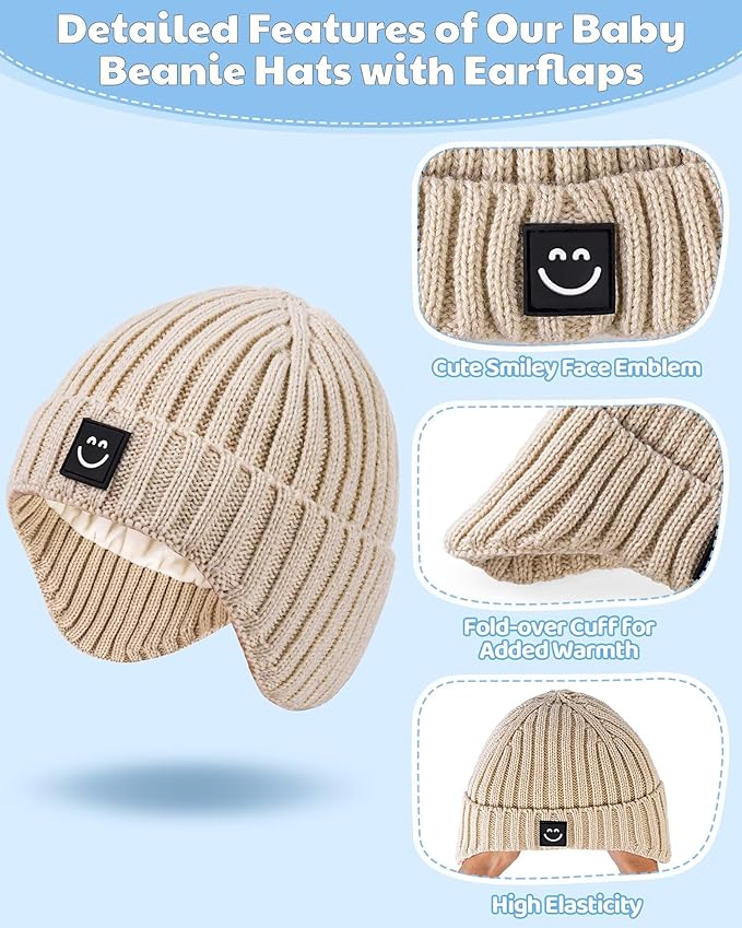 3 Pack Baby Beanie Hats with Earflaps, 2 Size Baby Winter Hat - Image 5