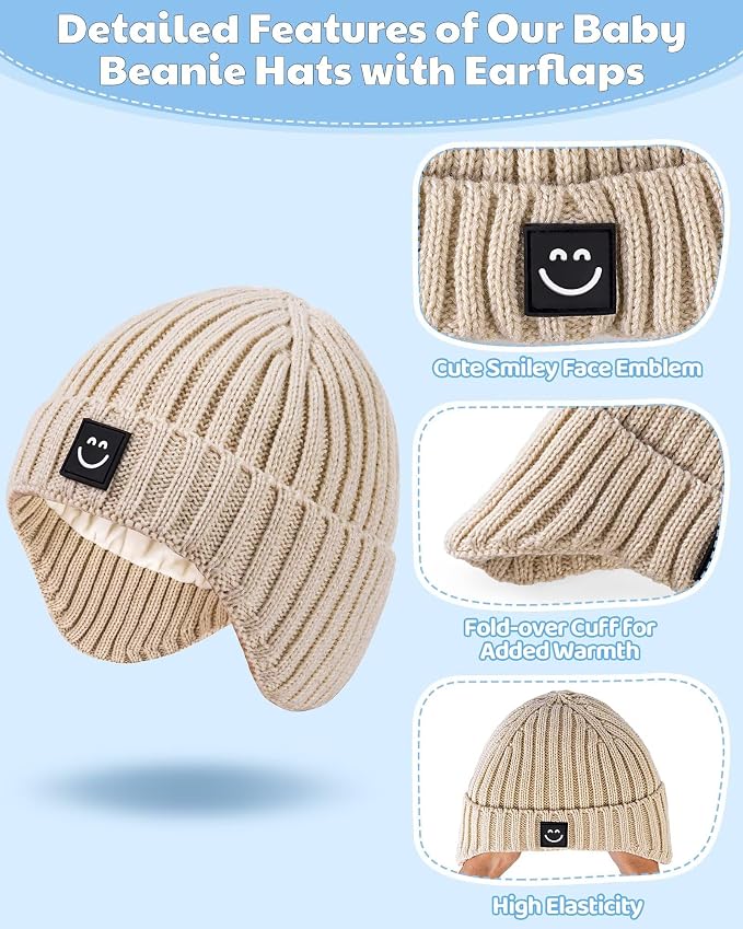 3 Pack Baby Beanie Hats with Earflaps, 2 Size Baby Winter Hat - Image 5