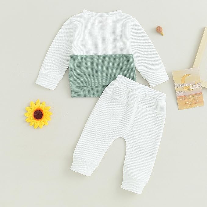 Toddler Baby Boy Fall Clothes Waffle Contrast Color Sweatshirt Pants Sets - Image 4