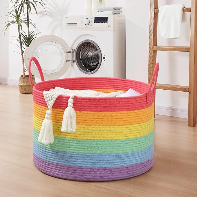 67L Rainbow Storage Basket for Organizing, Cotton Rope Woven Blanket Basket - Image 3
