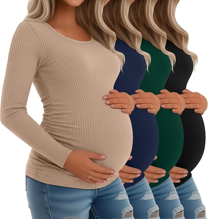 Riyiper 4 Pack Women's Maternity Shirts, Long Sleeve Cotton Ribbed Pregnancy by Riyiper