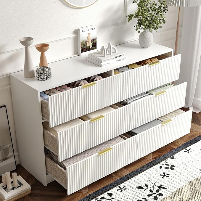 6 Drawers Fluted Dresser for Bedroom, Large Floor Chest of Drawers, Modern Long - Image 6