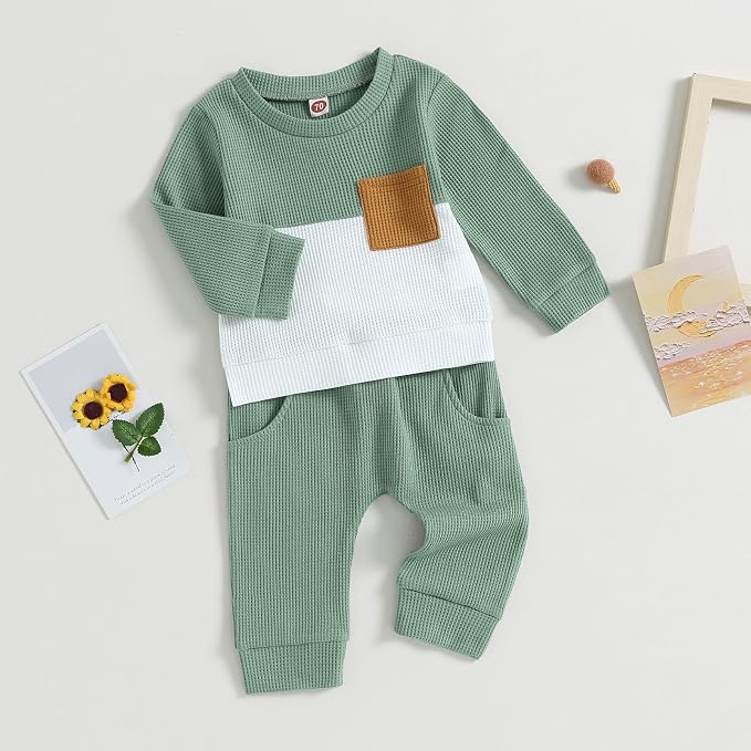 Toddler Baby Boy Fall Clothes Waffle Contrast Color Sweatshirt Pants Sets - Image 3