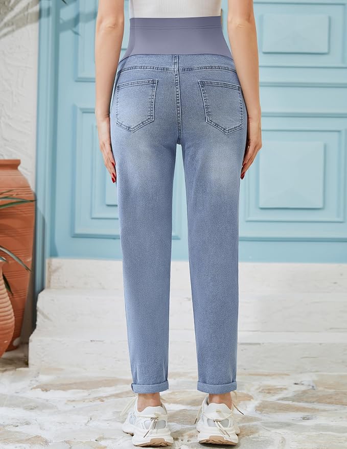 POSHGLAM Women's Maternity Jeans Over Belly Comfy Stretch 28'' Boyfriend Jeans - Image 5