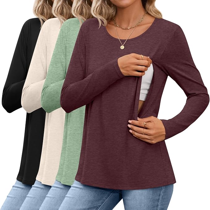 4 Pack Women's Cotton Nursing Tops, Breastfeeding Maternity by Oakgarden