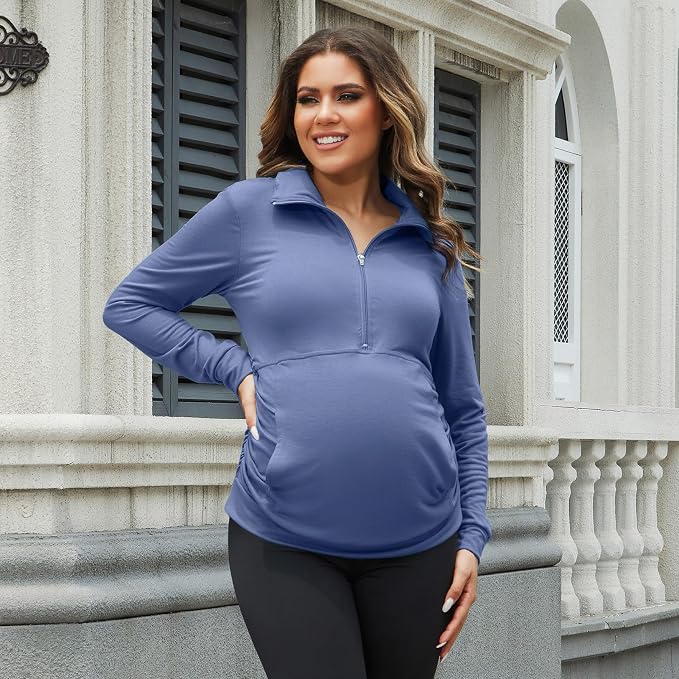 GINKANA Maternity Women's Long Sleeve Shirt Half Zipper Lapel Lightweight - Image 4