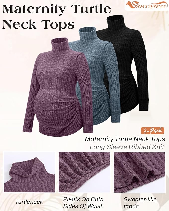 3 Pack Maternity T-Shirts Pregnancy Tops Women Sweater Long Sleeve Turtleneck - Image 3