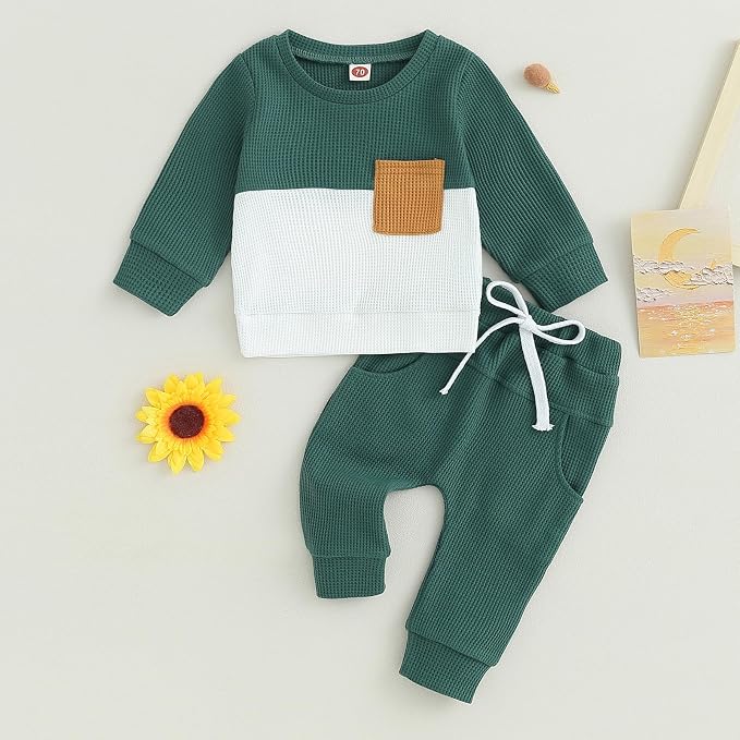 Toddler Baby Boy Fall Clothes Waffle Contrast Color Sweatshirt Pants Sets - Image 2