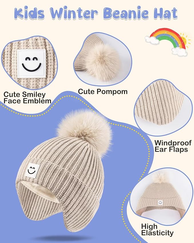 3 Pack Baby Winter Hats with Earflaps, 2 Size Kids Pom Pom Beanie - Image 5