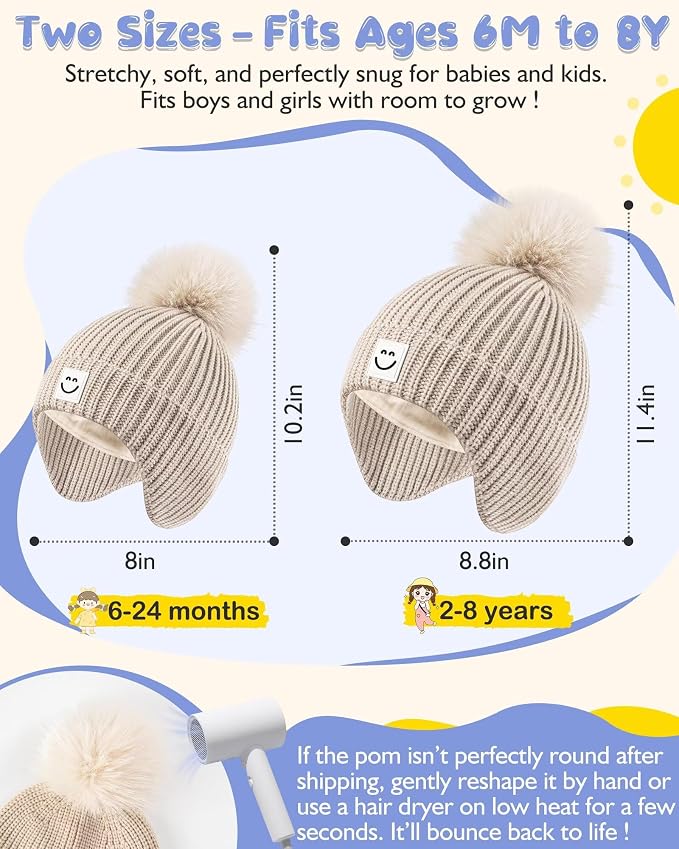 3 Pack Baby Winter Hats with Earflaps, 2 Size Kids Pom Pom Beanie - Image 3