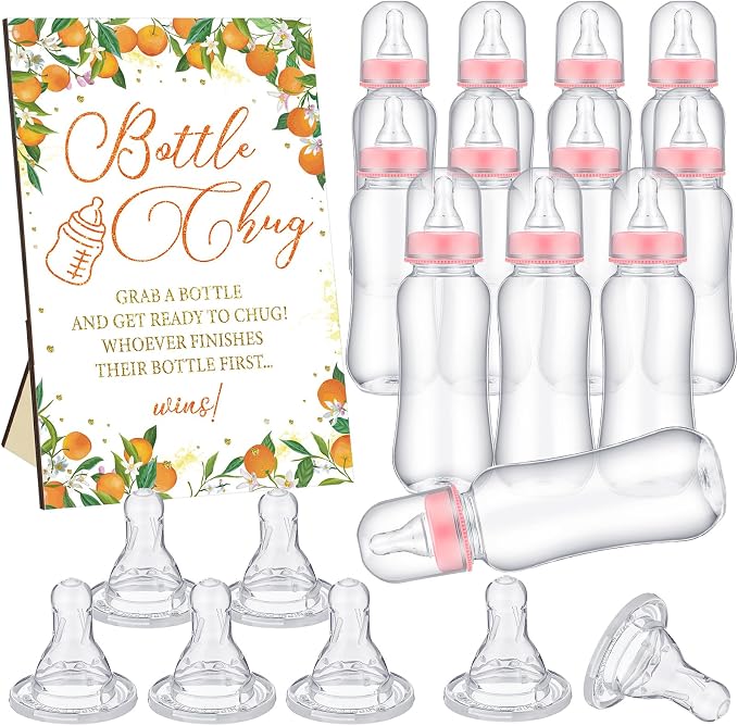 TrelaCo Little Cutie Cool Baby Shower Games Bottle Chug Sign Wooden Orange by TrelaCo