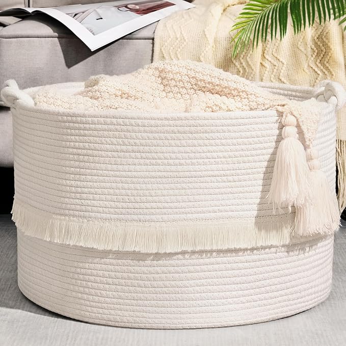 67L Large Blanket Basket, Cotton Rope Blanket Basket Living Room, Baby Laundry by Degeyoyo