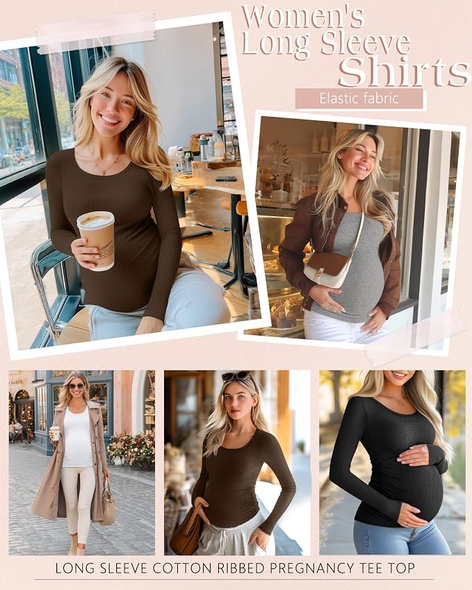 Riyiper 4 Pack Women's Maternity Shirts, Long Sleeve Cotton Ribbed Pregnancy - Image 2
