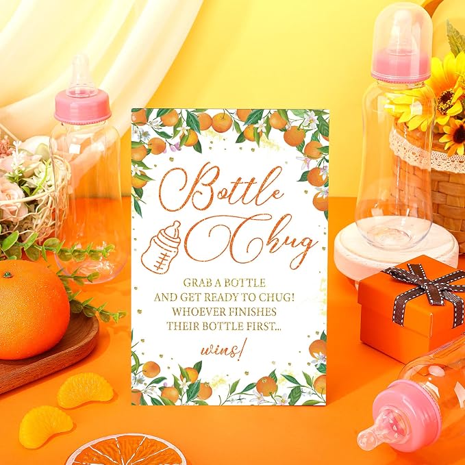 TrelaCo Little Cutie Cool Baby Shower Games Bottle Chug Sign Wooden Orange - Image 2