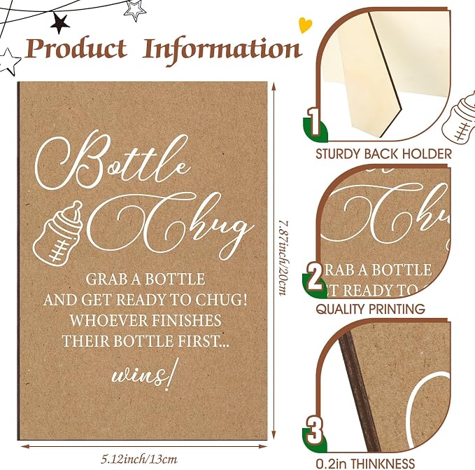 TrelaCo Cool Baby Shower Games Wooden Bottle Chug Sign Rustic Theme Gift Sets - Image 4