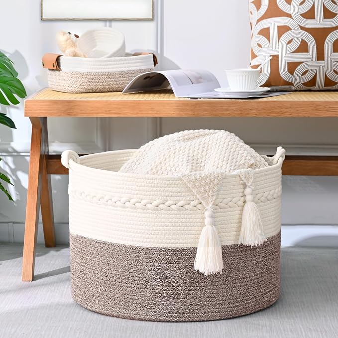 67L Large Blanket Basket, Cotton Rope Blanket Basket Living Room, Baby Laundry - Image 4