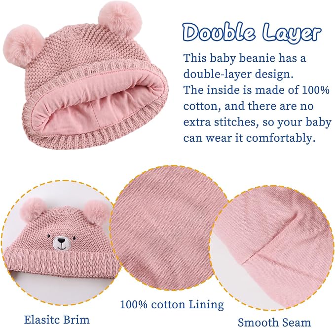 JANGANNSA Cute Bear Baby Beanie Pompom Baby Boys Hat Infant Toddler Winter - Image 4