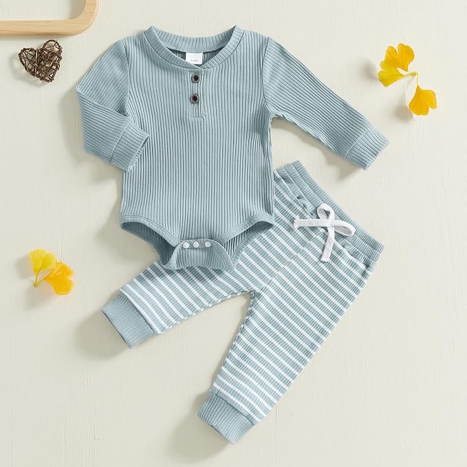Newborn Baby Boy Girl Clothes Ribbed Knitted Long Sleeve Romper Pants Solid - Image 2