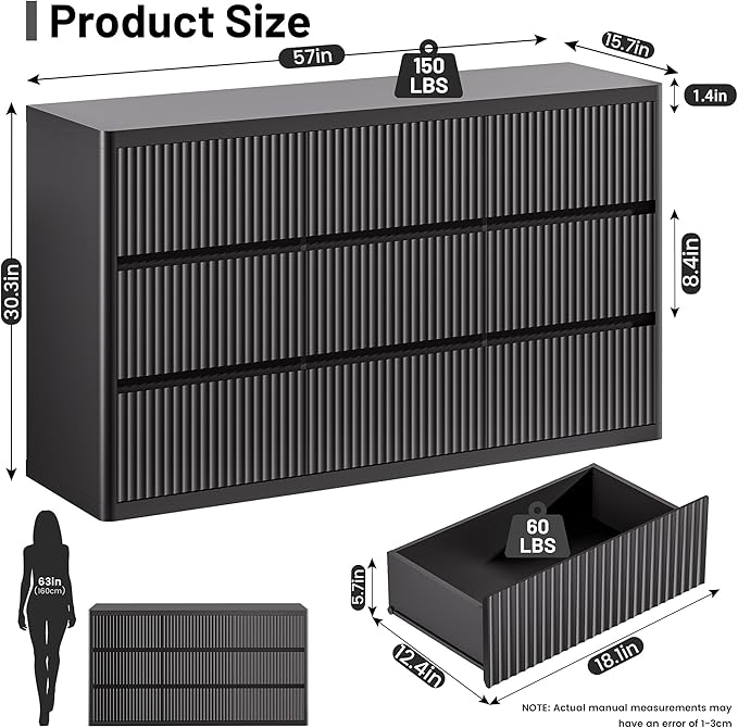 Black 9 Drawers Dressers for Bedroom, Curved Profile, Modern Flute Dresser TV - Image 2