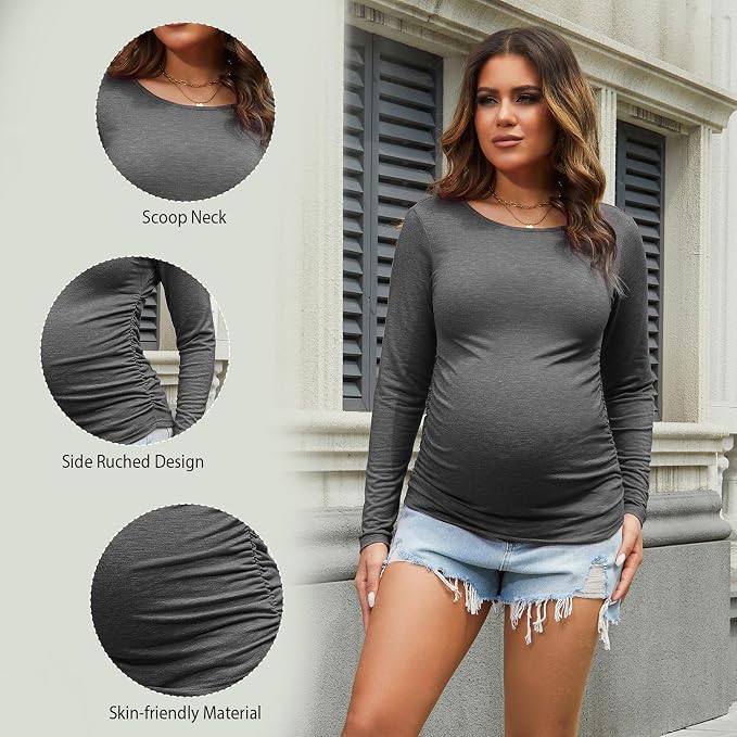 Bhome Women's Maternity Shirts 3 Packs Long Sleeve Pregnancy Tops Basic Side - Image 5