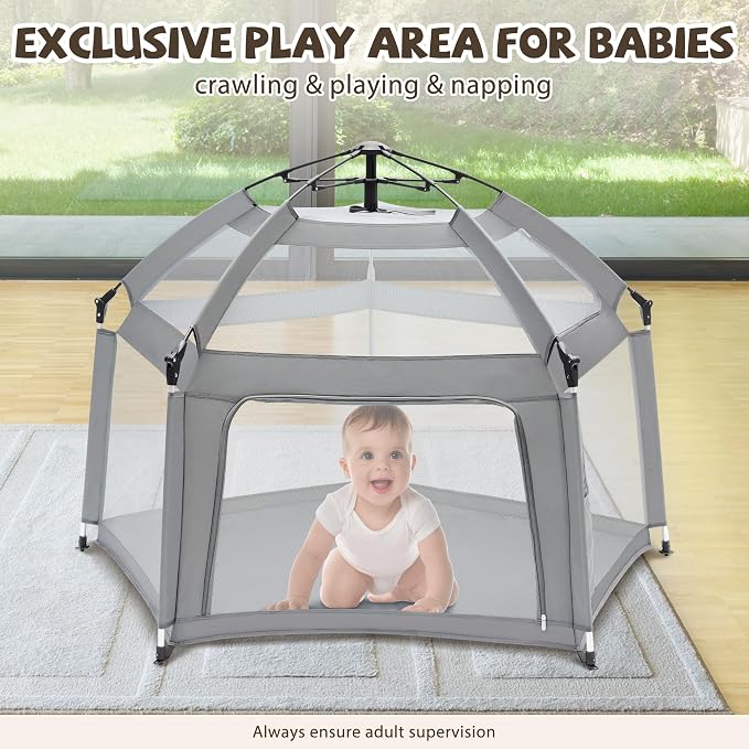 Portable Baby Playpen with Inflatable Mattress & Sunshade, Outdoor Baby Playpen - Image 3