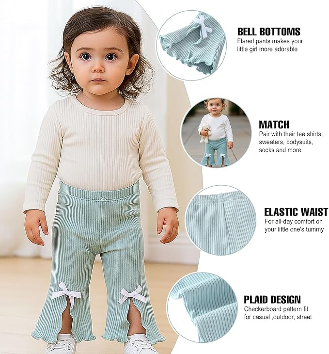 SOBOWO Baby Girl Flare Pants 3 Pack Toddler Solid Ribbed Ruffle Bell Bottoms - Image 3