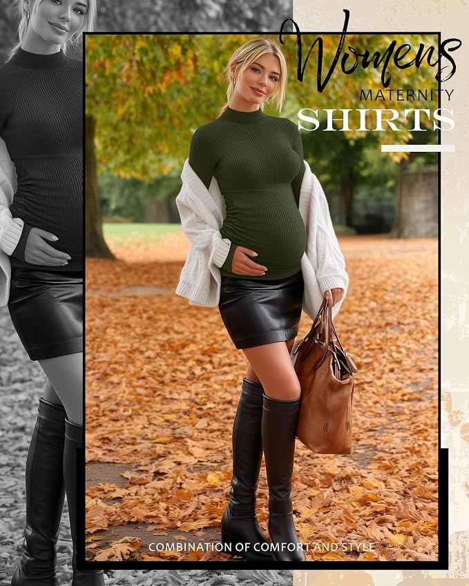 4 Packs Womens Maternity Shirts Long Sleeve Cotton Ribbed Pregnancy Mock Neck - Image 2