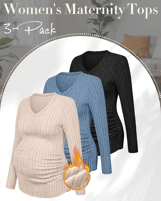 Ficerd 3 Pack Women's Maternity Shirts Ribbed Long Sleeve Pregnancy Tops V Neck - Image 3