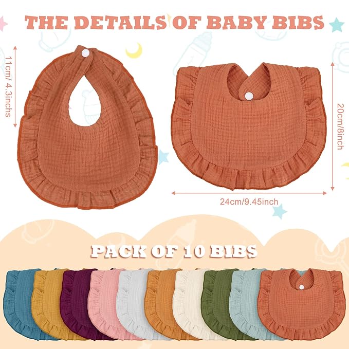 Seematn 10 Pcs Baby Muslin Bibs Drool Bibs Bandana Ruffle Soft Cotton - Image 2