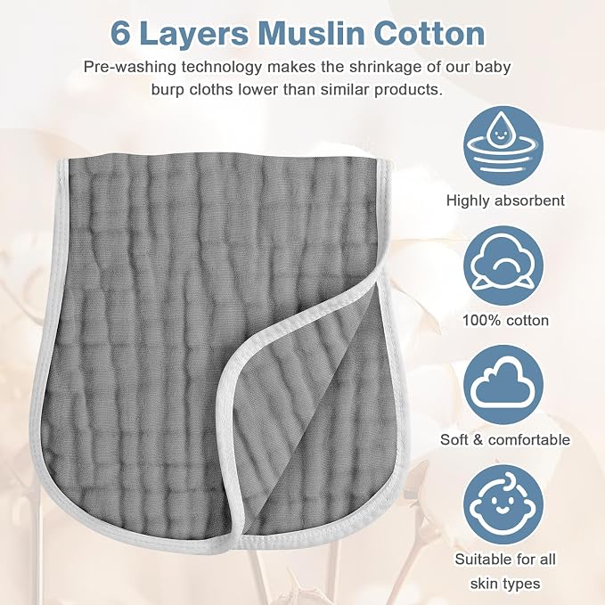 MUKIN Baby Muslin Burp Cloth Set of 6, Ultra Soft Absorbent Thick Cotton - Image 6