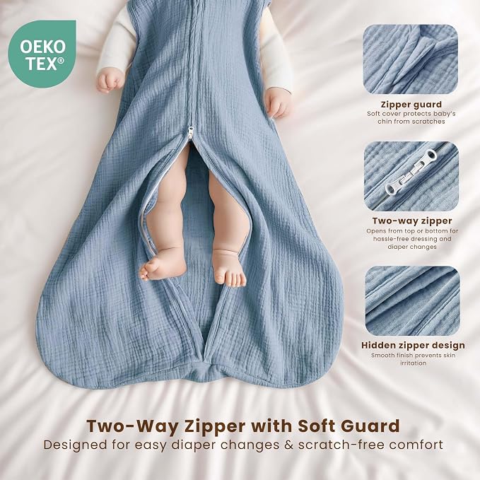 Konssy Muslin Baby Sleep Sack 0-6 Months 0.8 TOG, 2 Pack 100% Cotton Wearable - Image 2