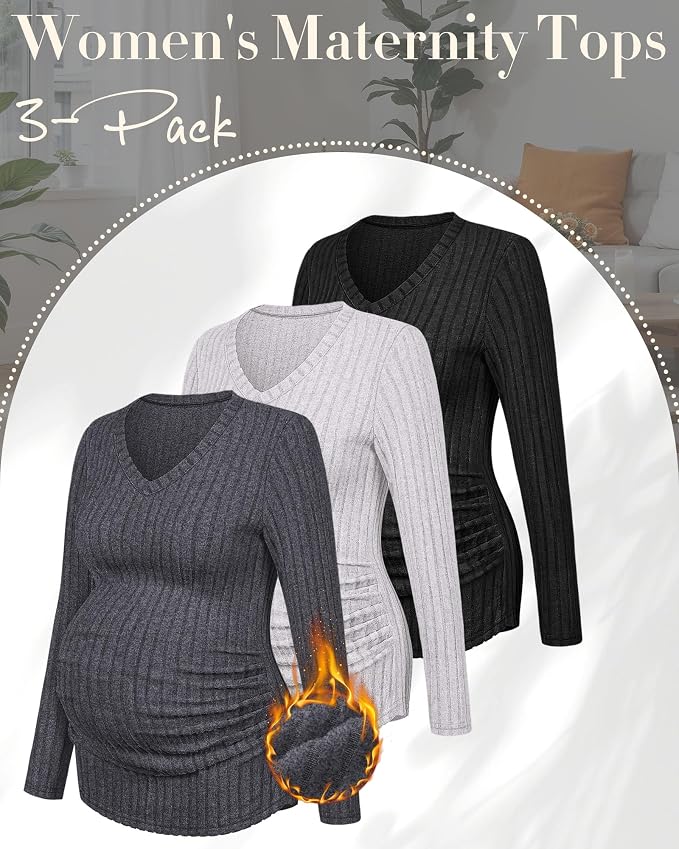 Ficerd 3 Pack Women's Maternity Shirts Ribbed Long Sleeve Pregnancy Tops V Neck - Image 3