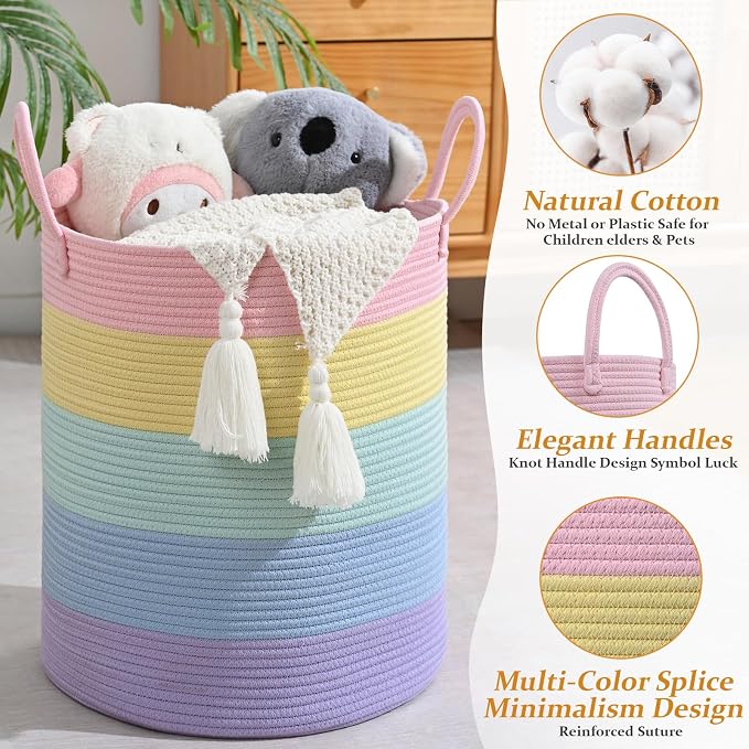 52L Rainbow Storage Basket for Organizing, Cotton Rope Woven Blanket Basket - Image 6
