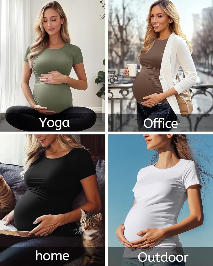 Huukeay 4 Pack Women's Maternity Shirts, Crew Neck Maternity Top Short Sleeve - Image 6