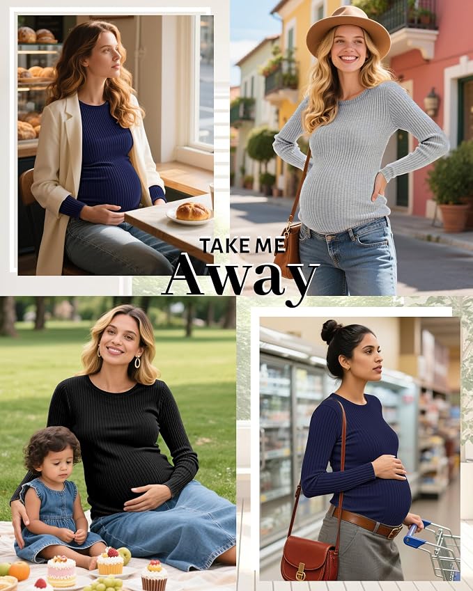 Riyiper 3 Pack Women's Maternity Shirts Long Sleeve Ribbed Knit Pregnancy Tees - Image 5