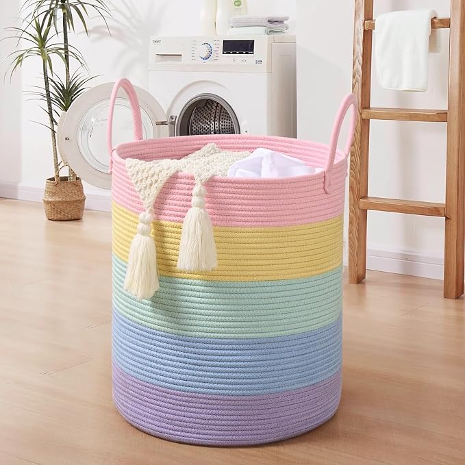 52L Rainbow Storage Basket for Organizing, Cotton Rope Woven Blanket Basket - Image 5