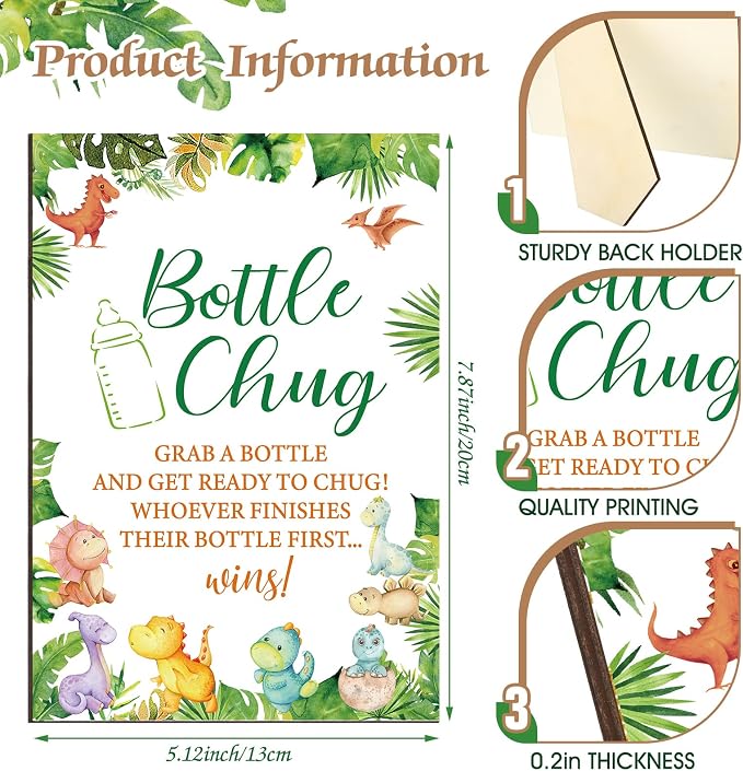 TrelaCo Dinosaur Cool Baby Shower Games Bottle Chug Sign Wooden Green Leaf Gift - Image 5