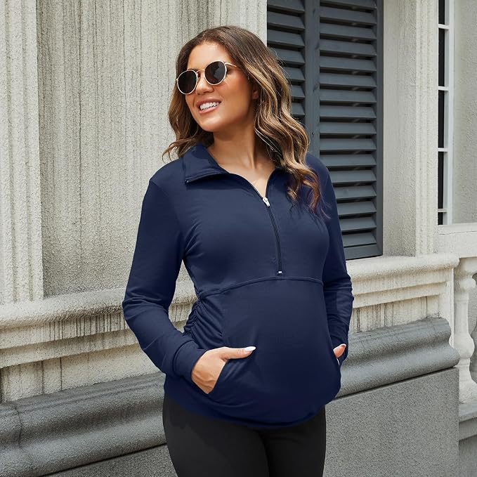 GINKANA Maternity Women's Long Sleeve Shirt Half Zipper Lapel Lightweight - Image 3