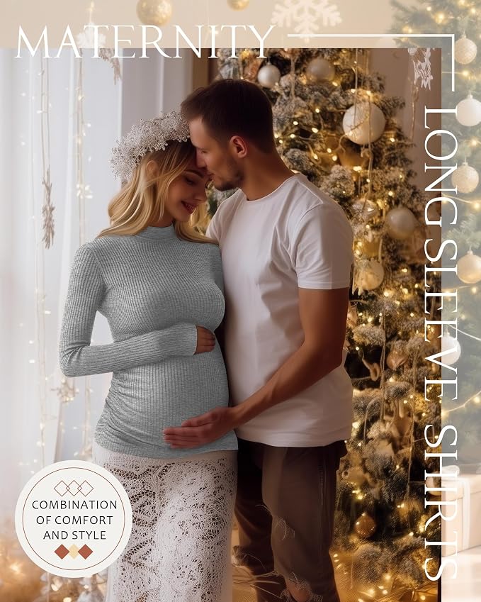 4 Packs Womens Maternity Shirts Long Sleeve Cotton Ribbed Pregnancy Mock Neck - Image 4