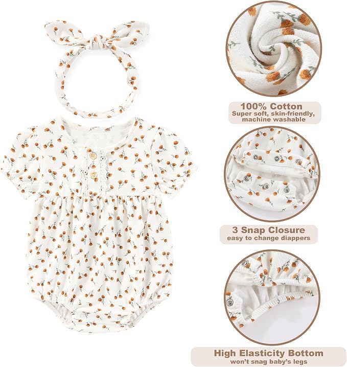 Newborn Baby Girl Clothes Cotton Bubble Romper Floral Short Sleeve Bodysuit 3 - Image 5