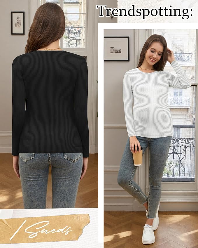 Riyiper 3 Pack Women's Maternity Shirts Long Sleeve Ribbed Knit Pregnancy Tees - Image 4