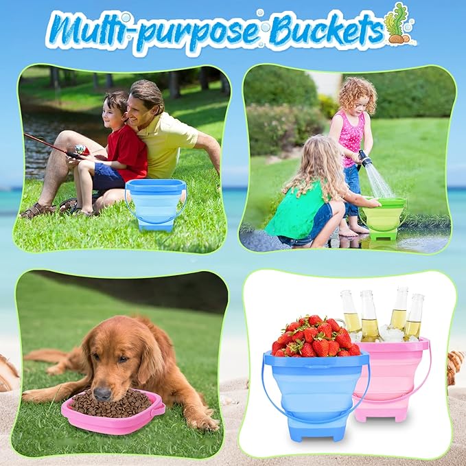Collapsible Beach Toys for Kids, 3 Pack Foldable Sand Buckets and Shovels Set - Image 6