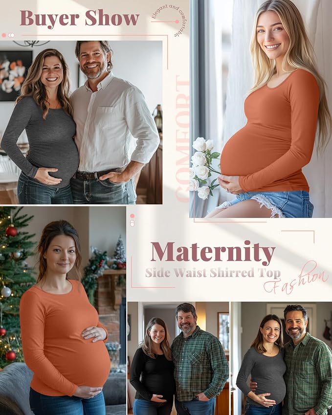 Ficerd 3 Pack Women's Maternity Shirts, Long Sleeve Side Ruched Pregnancy Tee - Image 2